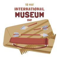 International Museum Day on May 18. An antique quiver with arrows on bedspread. Flat color illustration for use in posters, articles, and social media related to science and history. Square banner vector