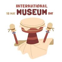 International Museum Day on May 18. An antique animal skin drum. Flat color illustration for use in posters, articles, and social media related to science and history. banner Square vector