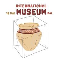 International Museum Day on May 18. broken jug with a Greek ornament under glass. Flat color illustration for use in posters, articles, and social media related to science and history. Square Banner vector