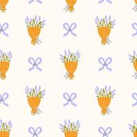 Lavender Flower Bouquet and Tied Bow Seamless Pattern vector
