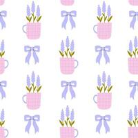 Lavender Flowers in Mug with Tied Bow Seamless Pattern vector