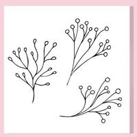 Hand-drawn botanical doodle set with three minimalist branches featuring round berry-like tips. Simple line art illustration perfect for nature-themed designs, eco projects, vector