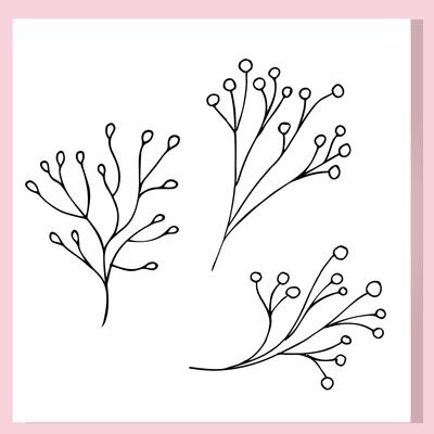 Hand-drawn botanical doodle set with three minimalist branches featuring round berry-like tips. Simple line art illustration perfect for nature-themed designs, eco projects,