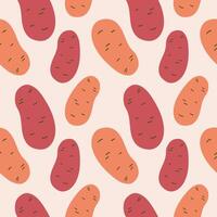 Potatoes repeating seamless pattern. Repeating background with vegetables fruits illustration in cartoon style. Drawing rapport with sweet fresh potato. Food ingredient, agriculture, harvest vector