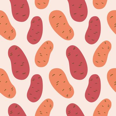 Potatoes repeating seamless pattern. Repeating background with vegetables fruits illustration in cartoon style. Drawing rapport with sweet fresh potato. Food ingredient, agriculture, harvest