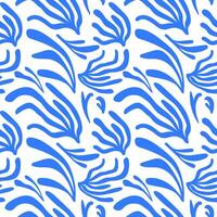 Blue seamless pattern with abstract shapes in Matisse style. Summer marine repeating background with algae, corals. Mediterranean ornamental rapport. Design backdrop for textile, paper, wrapping vector