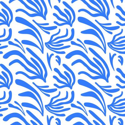 Blue seamless pattern with abstract shapes in Matisse style. Summer marine repeating background with algae, corals. Mediterranean ornamental rapport. Design backdrop for textile, paper, wrapping