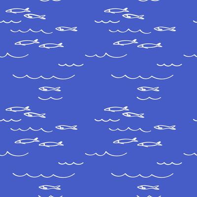 Sardine Fish seamless repeating blue pattern. Background with marine underwater motif summer rapport. Hand-drawn ornament with graphic pilchard, sea fishing. Illustration for textile, card