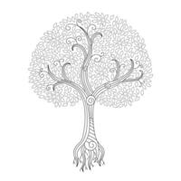Dreamy Tree fantasy illustration on isolated background. Decorative graphic with woody plant, crown of leaves, roots in line art style ink. Sign of magic, wild nature, symbol of dreams, decor vector