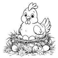 Cute Hen Chicken on the Nest with Eggs Funny Coloring Page Project vector