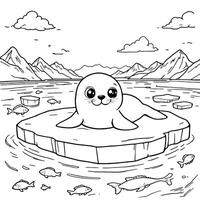 Adorable Seal Coloring Page with Snowy Mountains Ice and Cute Fish vector