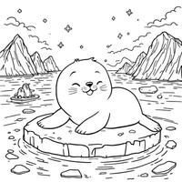 Adorable Seal on Iceberg in Arctic Coloring Page for Kids To Color vector