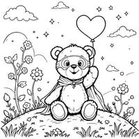 Super Hero Teddy Bear On A Hill with Heart Balloon Coloring Page vector