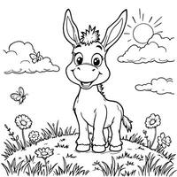 Cute Donkey on Grassy Hill Coloring Page with Clouds and Butterflys vector