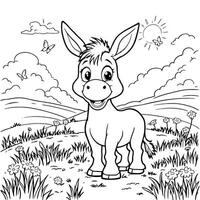 Cute Donkey in a Field Coloring Page for Kids and Adults vector
