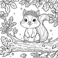 Cute Squirrel on Branch with Leaves and Acorns Coloring Page for Kids vector