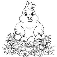 Delightful Hen and Eggs in Nest Coloring Page For Kids and Adults vector