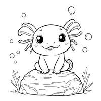 Cute Axolotl on a Rock Happy Smiling Coloring Page for Kids vector