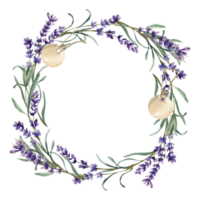 Lavender vintage romantic banner template with watercolor violet flowers and paper hanging tag illustrations. Hand drawn floral frame with filed herbs for cosmetics, oil,tea packing design png