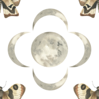 Night moth and moon with crescent watercolor seamless pattern. Hand drawn romantic magic background with butterflies, mysterious astronomy pattern for esoteric card, wallpaper, fabric design. png