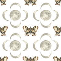 Night moth and lunar elements watercolor seamless pattern. Hand drawn romantic magic background with butterflies, mysterious astronomy pattern for esoteric card, wallpaper, fabric design png