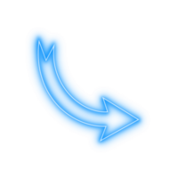 Blue glowing curved arrow pointer pointing dwon right symbol modern light sign isolated transparent background png