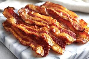 Crispy bacon strips resting on marble cutting board photo
