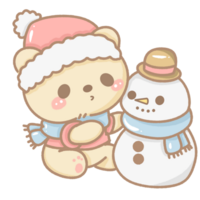 fofa kawaii Urso dentro inverno chapéu e cachecol construção uma boneco de neve. desenhado à mão com suave pastel cores, perfeito para inverno cartões, adesivos, trabalhos manuais, e sazonal projetos. transparente fundo. png