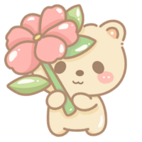fofa kawaii Urso segurando uma gigante tinta flor desenhado à mão com suave pastel cores, perfeito para Primavera cartões, adesivos, trabalhos manuais, e sazonal projetos. transparente fundo. png