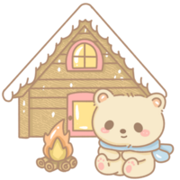fofa kawaii Urso sentado dentro frente do uma acolhedor cabine dentro a madeira com uma fogueira desenhado à mão com pastel outono cores, perfeito para adesivos, cartões, planejadores, e sazonal trabalhos manuais. transparente fundo png