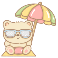 fofa kawaii Urso sentado em a de praia debaixo a guarda-chuva. desenhado à mão com suave pastel cores, perfeito para verão cartões, adesivos, trabalhos manuais, e sazonal projetos. transparente fundo png
