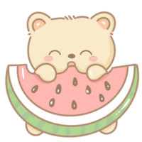 fofa kawaii Urso comendo uma gigante Melancia desenhado à mão com suave pastel cores, perfeito para verão cartões, adesivos, trabalhos manuais, e sazonal projetos. transparente fundo. png