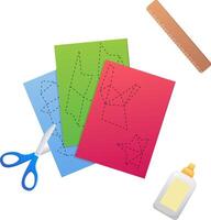 Stationery for school, office and papercraft. Illustration of colored paper with scissors, glue and ruler. vector