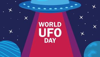 A colorful illustration celebrating World UFO Day. A flying saucer emits a beam of light in a starry night sky with planets in the background. vector