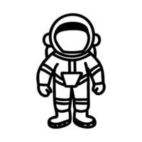 A simple line drawing of a cartoon astronaut in a space suit. The astronaut stands upright, wearing a helmet and boots, with a basic design. vector
