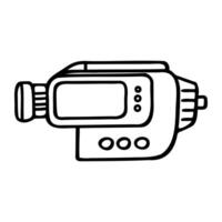 A simple line drawing of a camera. The camera features a lens, buttons, and a rectangular body. It represents recording technology. vector