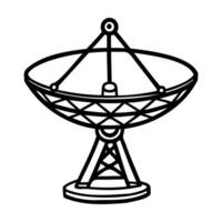 A black and white illustration of a satellite dish on a support structure. The dish is large and circular, designed for receiving signals. vector