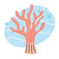 A vibrant coral reef structure in a blue ocean environment. The coral is pink with distinct branches and bubbles surrounding it, representing marine life. vector