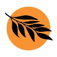 A black leaf silhouette against an orange circular background. The design is simple and modern, suitable for various creative projects. vector
