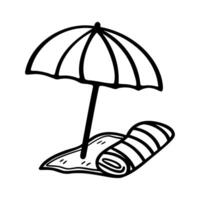 Black and white line drawing of a beach umbrella and a rolled towel on sand. vector