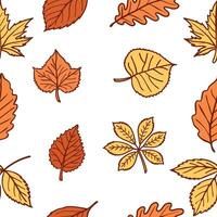 A pattern of various autumn leaves in shades of orange and yellow on a white background. The leaves are of different shapes and sizes, representing the fall season. vector