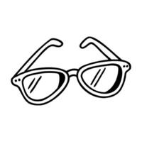 Black and white line drawing of a pair of eyeglasses with rounded lenses and a thick frame. vector