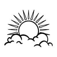 Black sun partially covered by clouds with rays extending outward in a simple line art style. vector