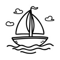 Black and white line drawing of a sailboat on water with three clouds in the sky. vector