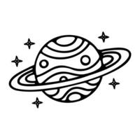 A simple line drawing of a planet with rings, surrounded by stars. The planet features wavy patterns and circular markings, representing a stylized celestial body. vector