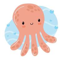 A cute cartoon octopus with a smiling face and light pink color. It has eight arms and is surrounded by blue water bubbles. vector
