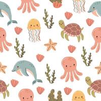 A colorful marine-themed pattern featuring dolphins, octopuses, jellyfish, turtles, seashells, and seaweed on a white background. vector