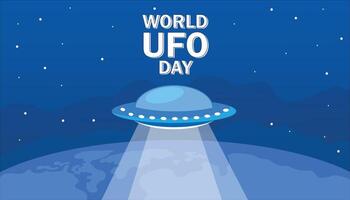A cartoon-style UFO hovers above the Earth, emitting a beam of light. The background features a starry night sky, emphasizing the theme of extraterrestrial life. vector