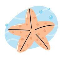 A light orange starfish with brown spots floats in a blue ocean background. Bubbles surround the starfish, creating a serene underwater scene. vector