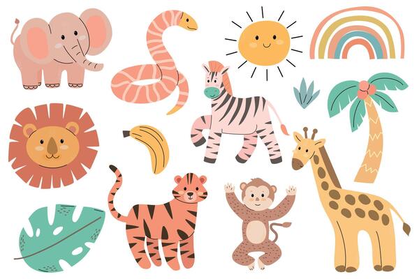 Colorful cartoon animals including an elephant, lion, zebra, tiger, monkey, and giraffe, along with a sun, rainbow, and tropical plants.